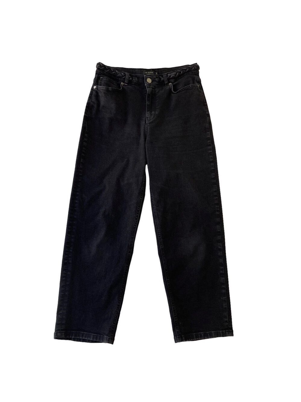 Ted Baker black jeans braided belt straight leg 99% cotton high rise waist 30
